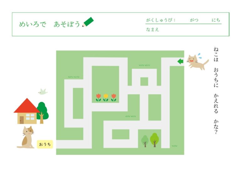 (幼児向けの学習素材)簡単迷路のプリント・かわいい猫とお家のイラストデザイン …