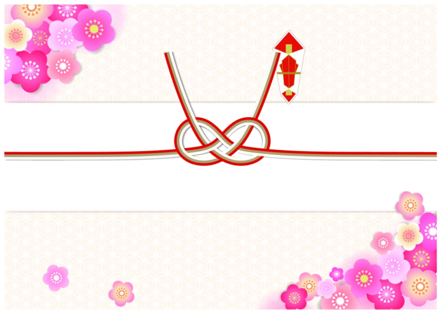 「御年賀」用熨斗(のし)テンプレート・ピンクの梅の花がかわいい蝶結びデザインで卒業祝いや…|イラストボックス「プレミアム」テンプレート